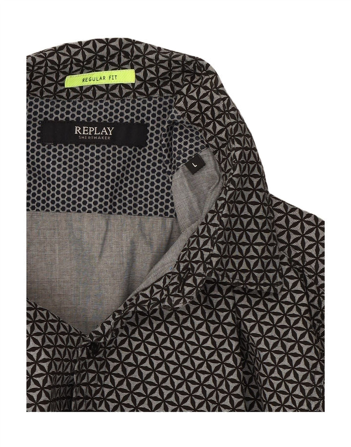 Camisa masculina REPLAY de ajuste regular grande algodão geométrico cinza