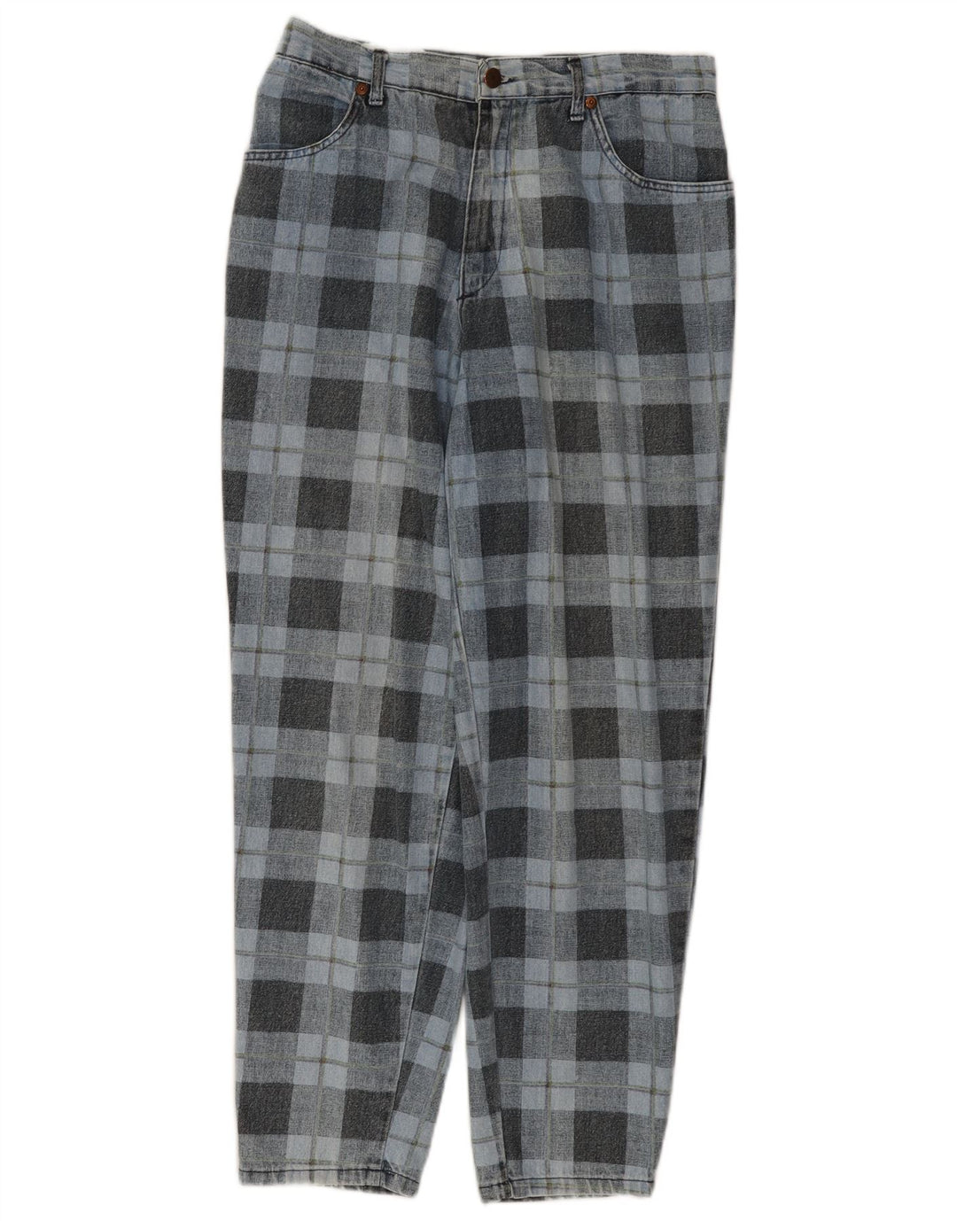 Jeans cônicos femininos SPITFIRE W34 L27 algodão xadrez azul