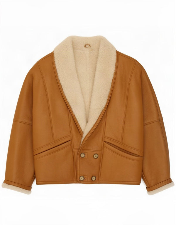 Jaqueta vintage masculina de peito duplo shearling IT 52 XL couro marrom