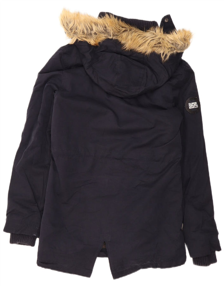 Jaqueta feminina Superdry Sherpa Parka com capuz Reino Unido 14 poliéster azul marinho médio