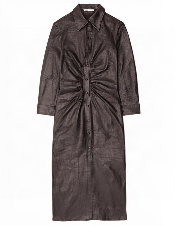 Vestido camisa feminino de couro sintético Zara Reino Unido 12 poliuretano preto médio