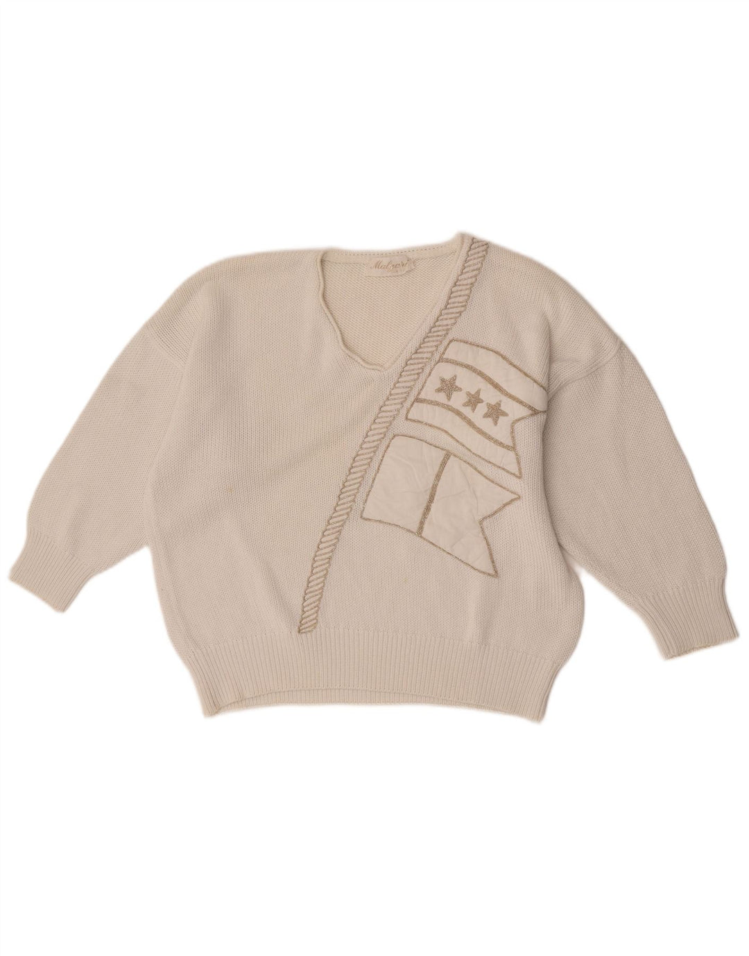 Suéter feminino vintage com decote em V gráfico Reino Unido 14 médio branco