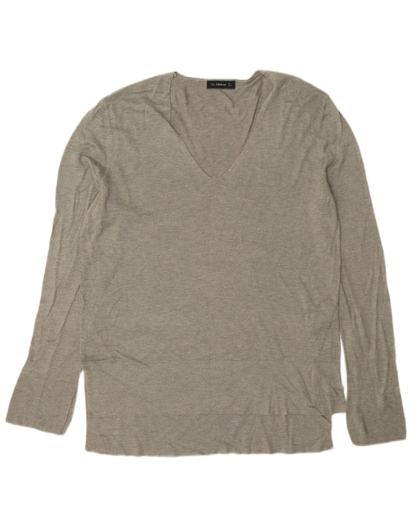 Top feminino Zara de manga comprida UK 16 grande viscose cinza