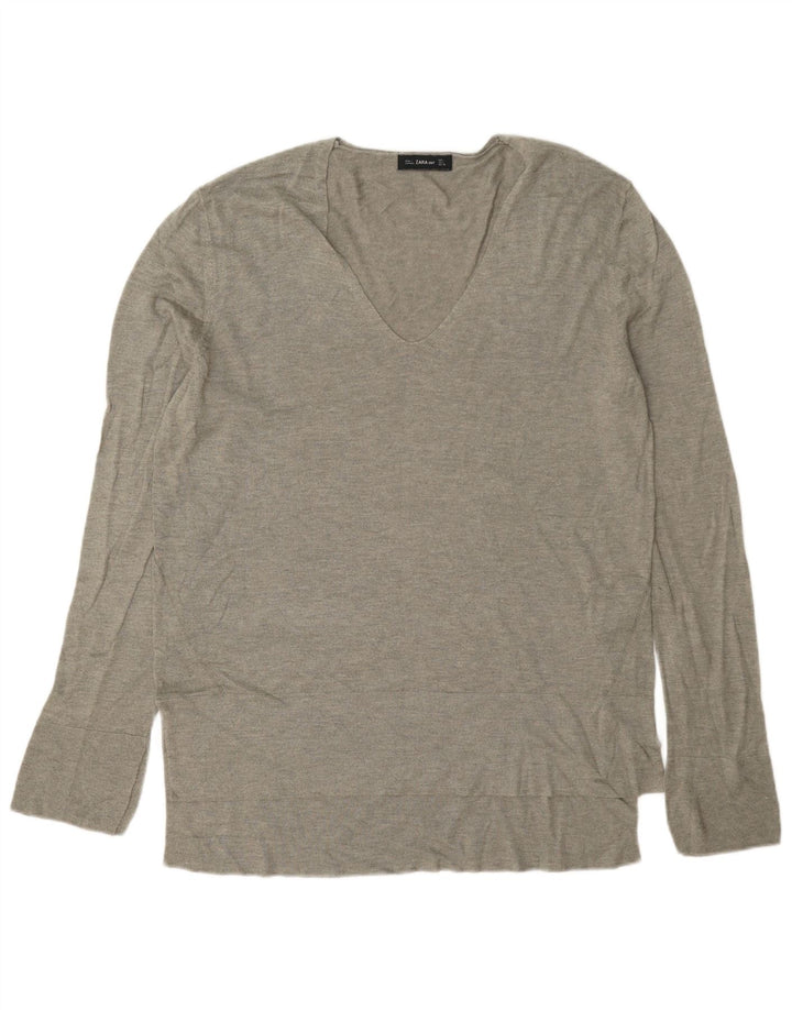 Top feminino Zara de manga comprida UK 16 grande viscose cinza