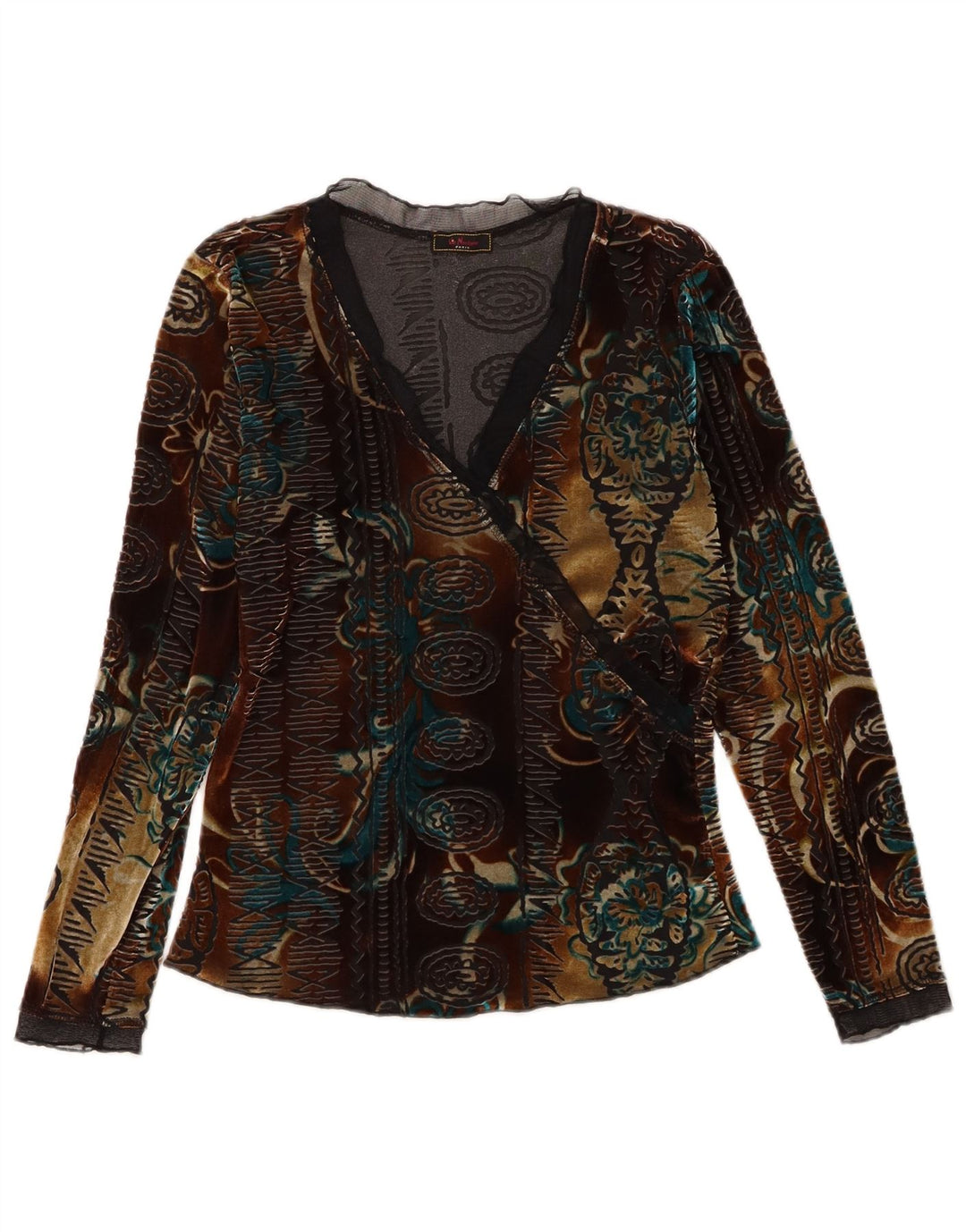 Top de veludo feminino vintage manga longa Reino Unido 6 XS floral multicolorido