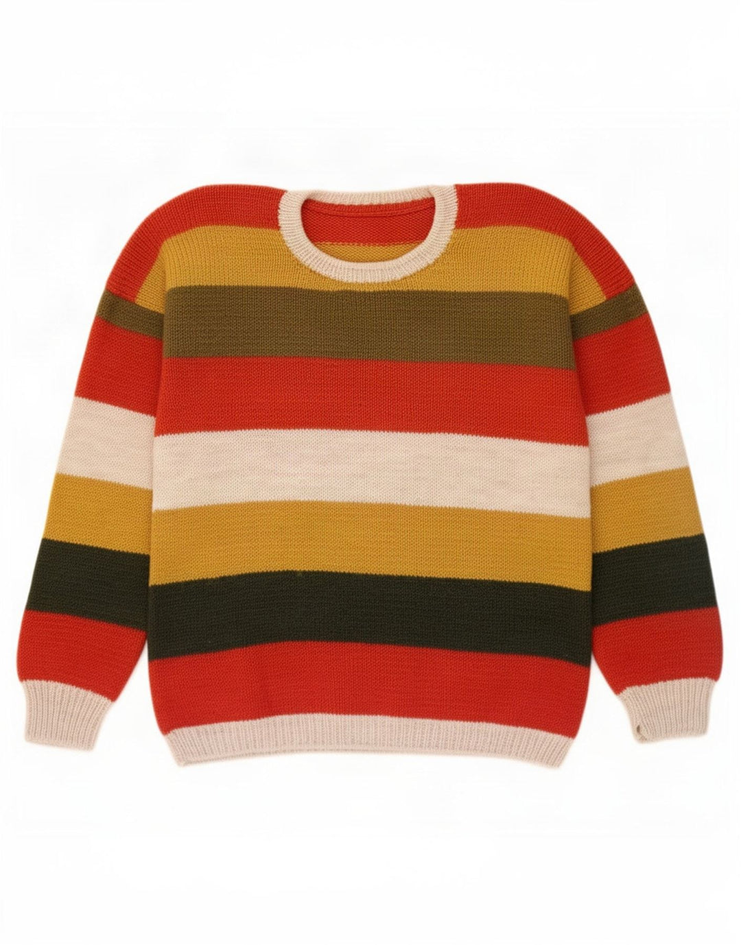 Suéter vintage masculino com gola redonda, grande listrado multicolorido