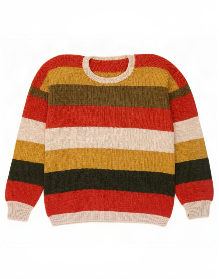 Suéter vintage masculino com gola redonda, grande listrado multicolorido