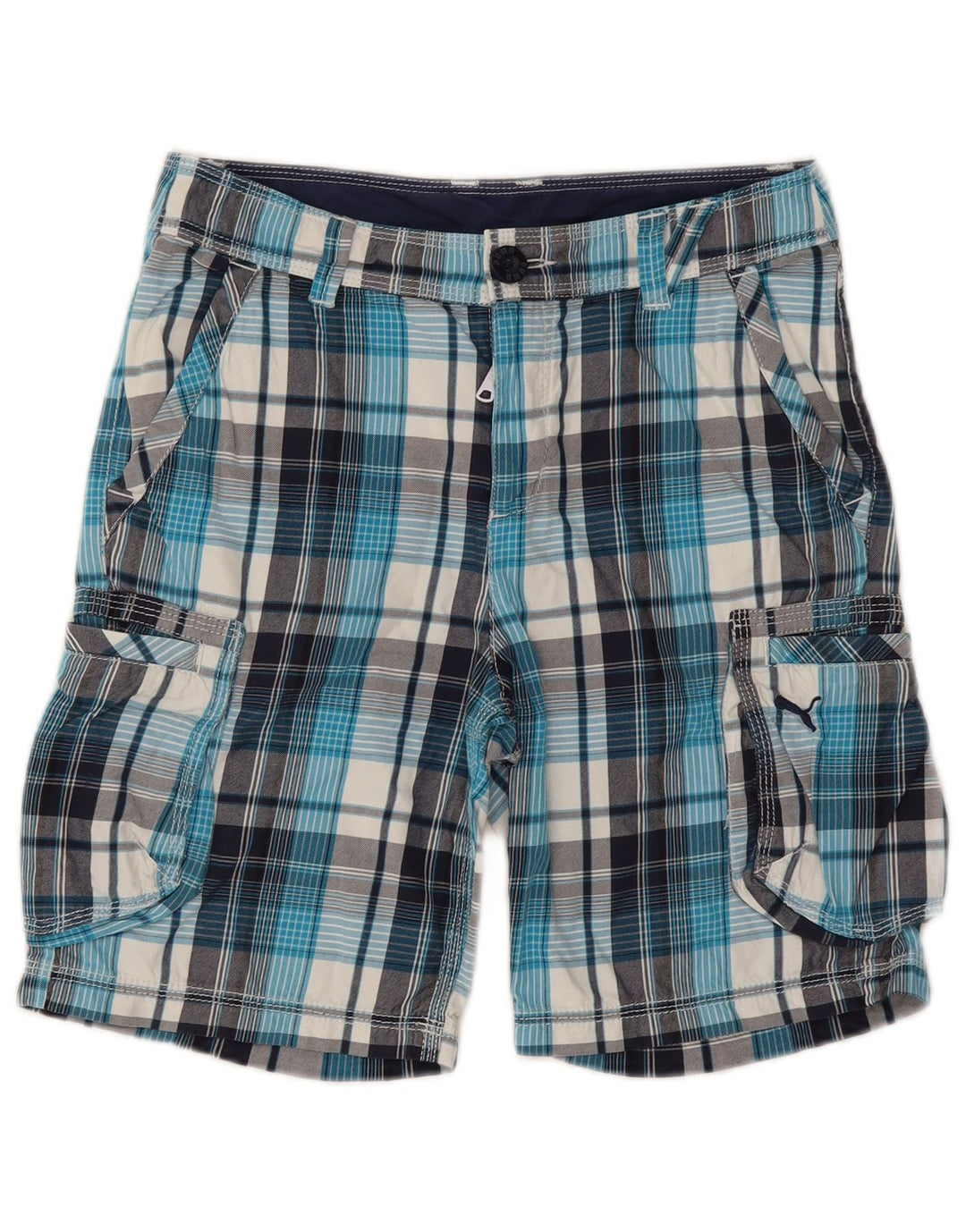 Shorts cargo masculinos Puma 11-12 anos W28 algodão xadrez azul