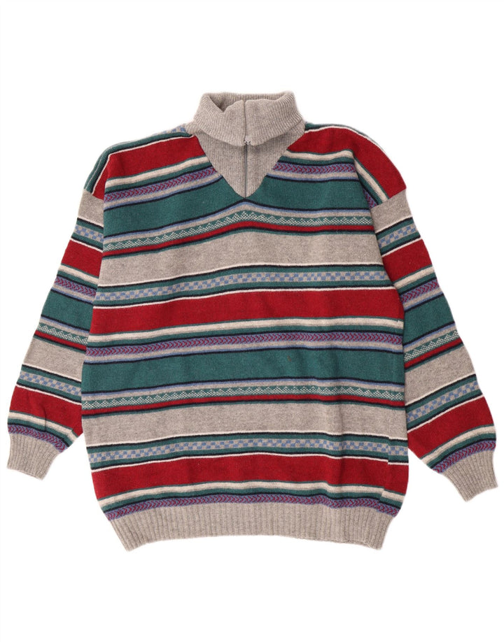 Suéter masculino vintage com gola e zíper, grande lã de carneiro listrada multicolorida