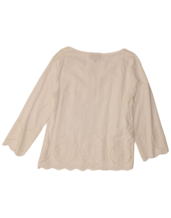 Top feminino Laura Ashley manga 3/4 Reino Unido 16 grande linho paisley branco