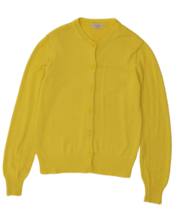 Suéter cardigã feminino Stefanel Reino Unido 12 algodão amarelo médio