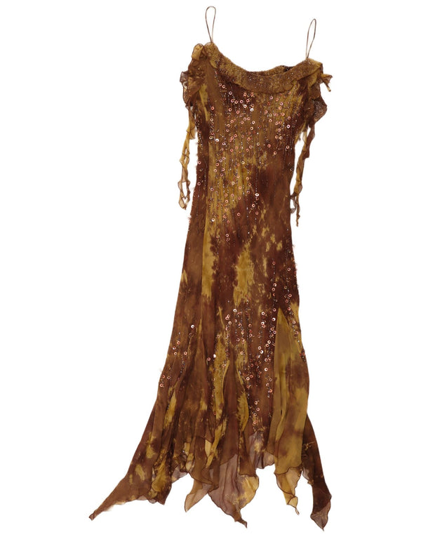 Vestido maxi feminino assimétrico sem mangas Yve London UK 18 XL marrom tie-dye