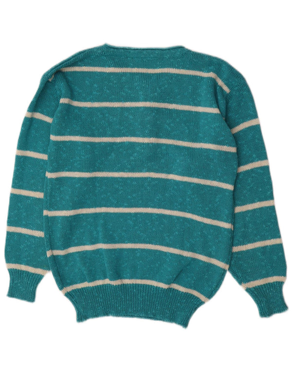 Suéter feminino Nanette com gola redonda e botão UK 10 pequeno listrado turquesa