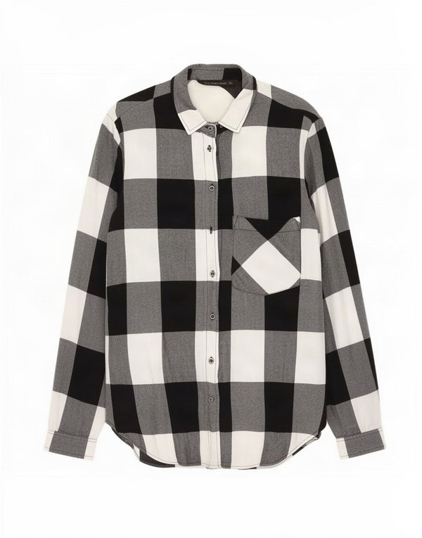 Camisa feminina de flanela longline Zara UK 12 média preta gingham viscose