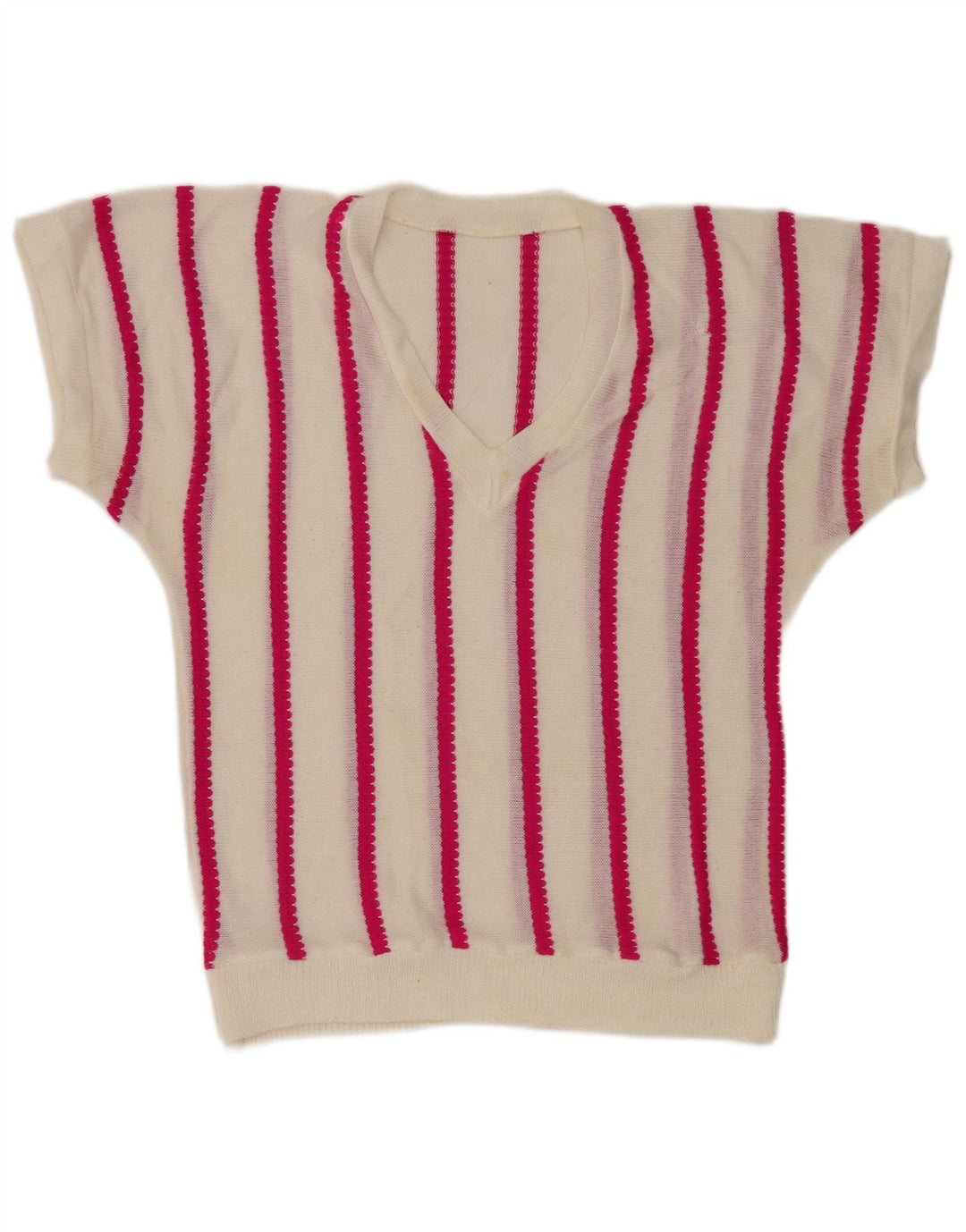 Suéter feminino vintage com decote em V UK 12 listrado branco médio