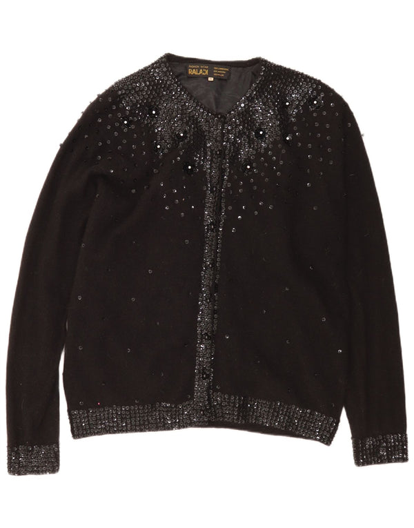 Suéter cardigã feminino vintage EU 48 2XL lã de cordeiro manchada preta