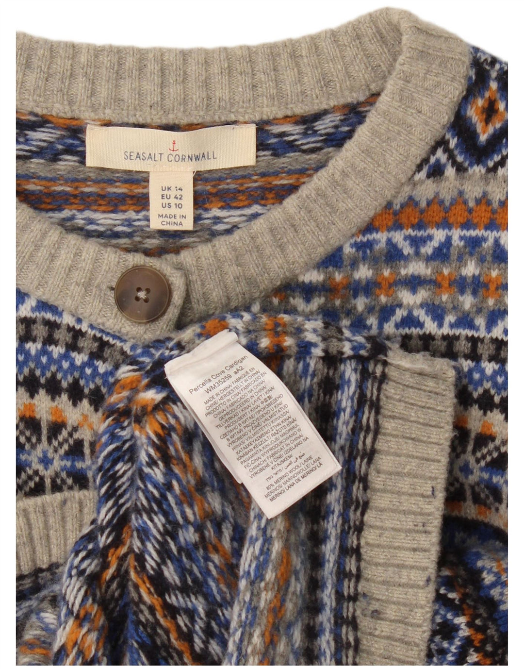 Suéter feminino de cardigã Seasalt Cornwall Reino Unido 14 grande multicolorido