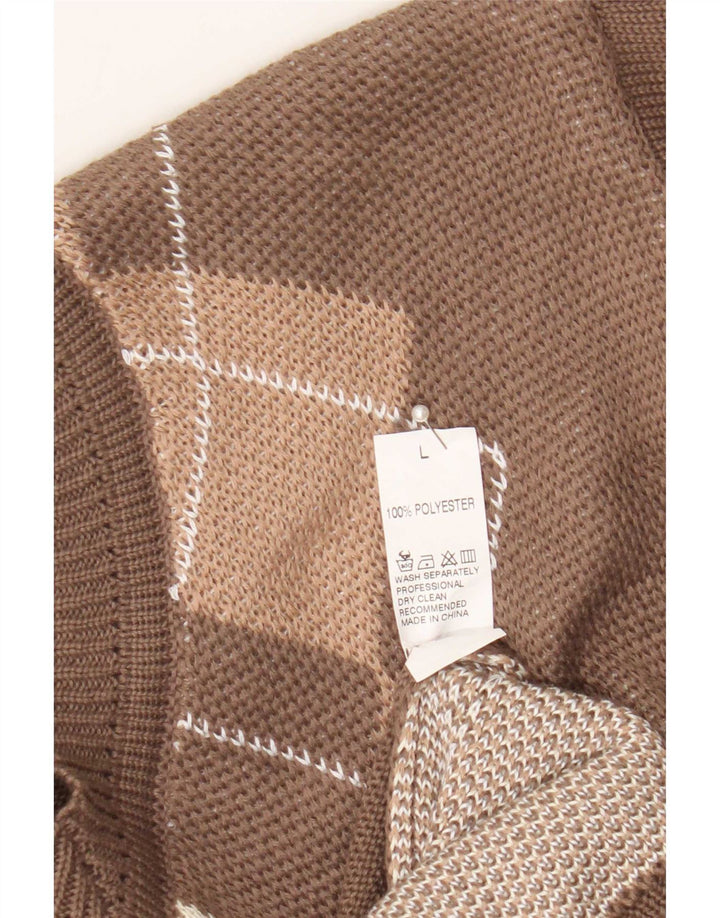 Suéter feminino vintage com decote em V grande marrom argyle/poliéster diamante