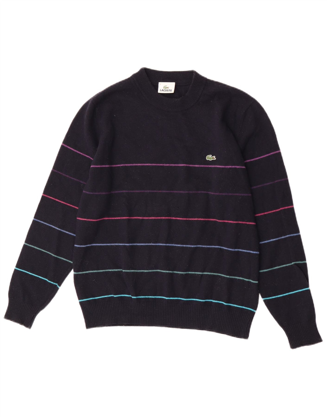 Suéter masculino Lacoste com gola redonda tamanho 3 pequeno listrado azul marinho