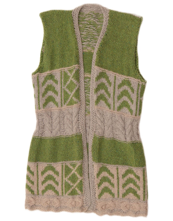 Suéter cardigã feminino vintage com palangre UK 12 bloco colorido verde médio