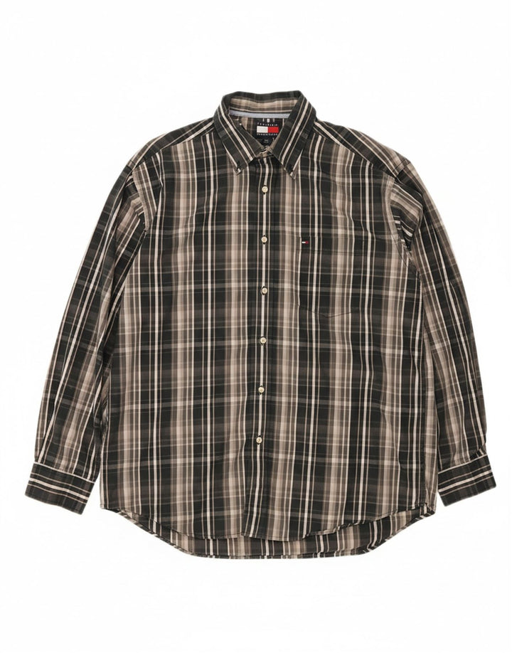 Camisa masculina TOMMY HILFIGER grande algodão xadrez cinza