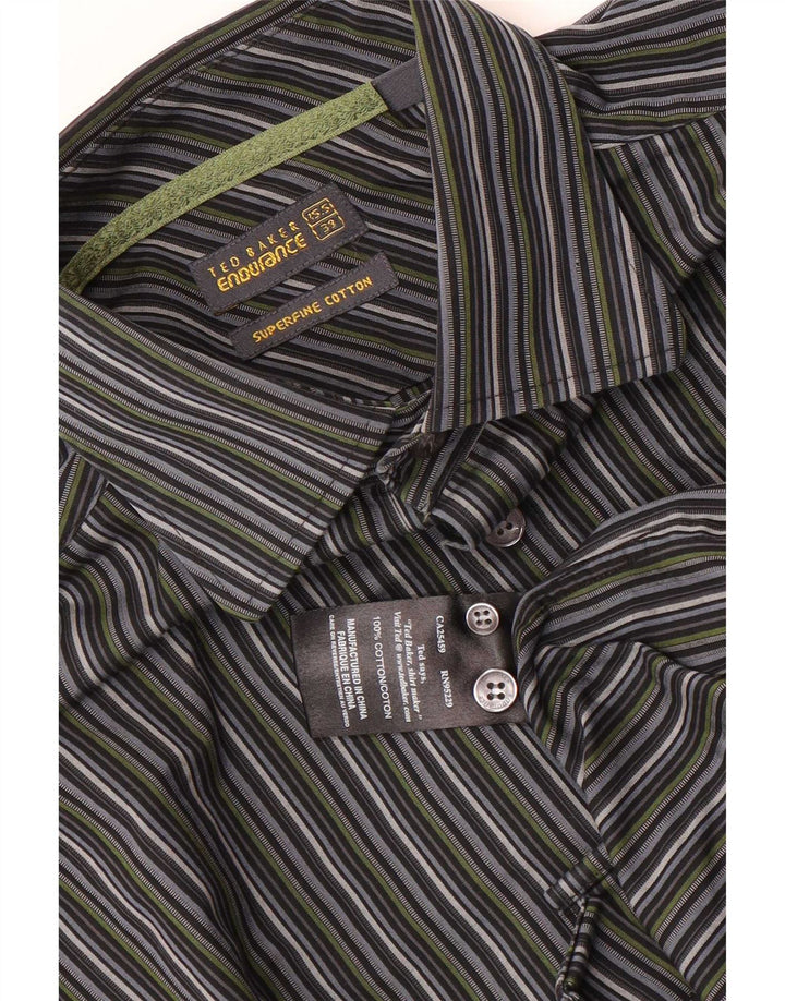 Camisa masculina Ted Baker tamanho 39 15 1/2 algodão listrado cinza médio