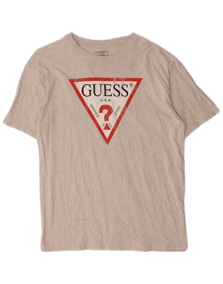 Guess Camiseta masculina gráfica grande algodão manchado cinza