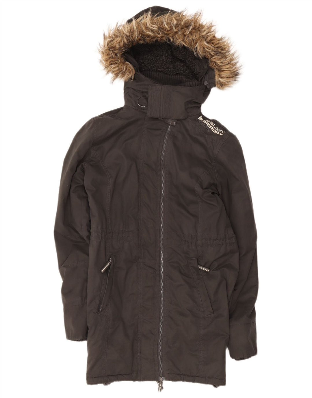 Jaqueta feminina Superdry Sherpa Parka com capuz UK 12 poliéster preto médio