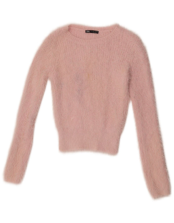 Zara Suéter feminino cropped com gola canoa Reino Unido 8 pequeno rosa nylon