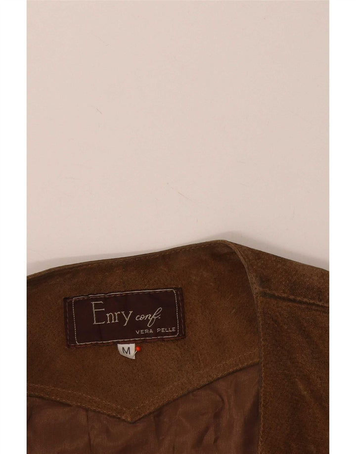 Colete utilitário de camurça masculino vintage Reino Unido 38 couro marrom médio