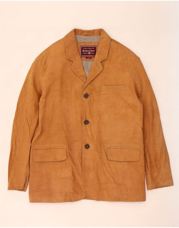 Marlboro Classics Jaqueta blazer masculina de camurça com 3 botões Reino Unido 42 XL couro bege