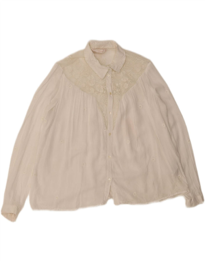Blusa feminina Zara Trafaluc UK 14 poliéster floral branco médio