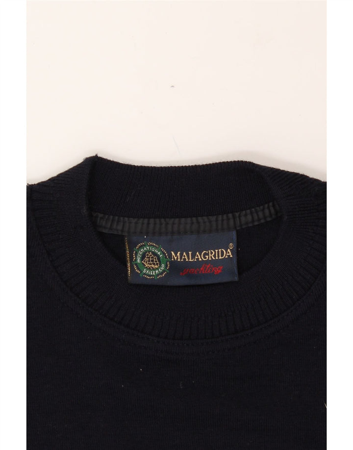 MALAGRIDA Mens Graphic Crew Neck Jumper Sweater Large Navy Blue Striped Vintage Malagrida and Second-Hand Malagrida from Messina Hembry 