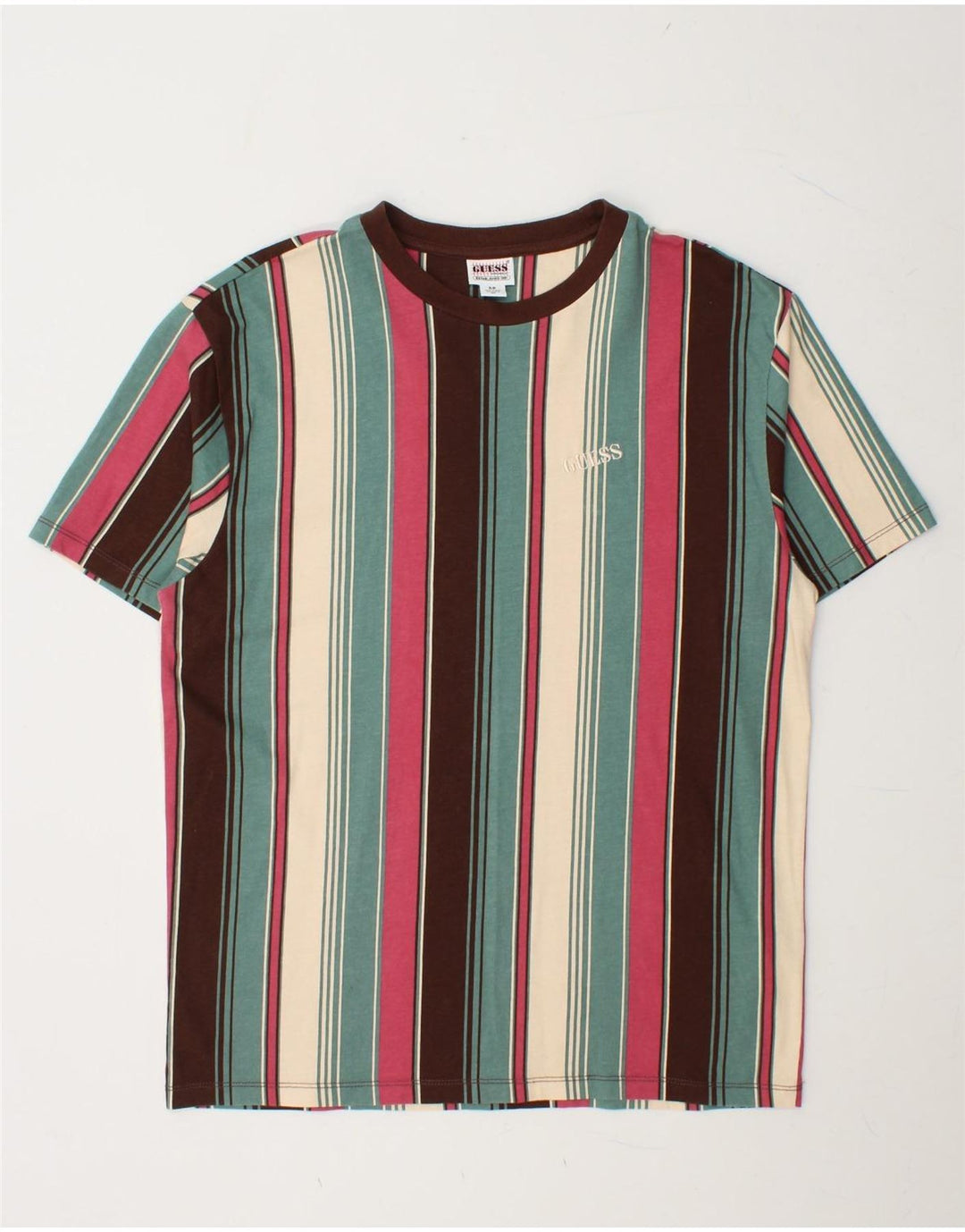 Camiseta masculina GUESS pequena listrada multicolorida de algodão