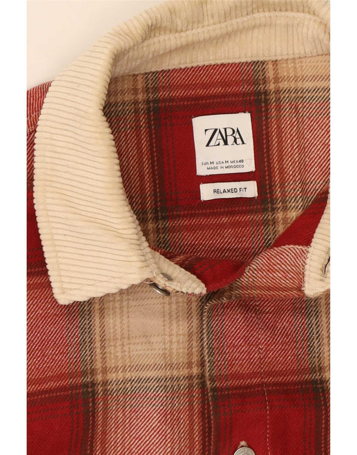 Zara Camisa masculina de flanela com ajuste relaxado e xadrez vermelho médio