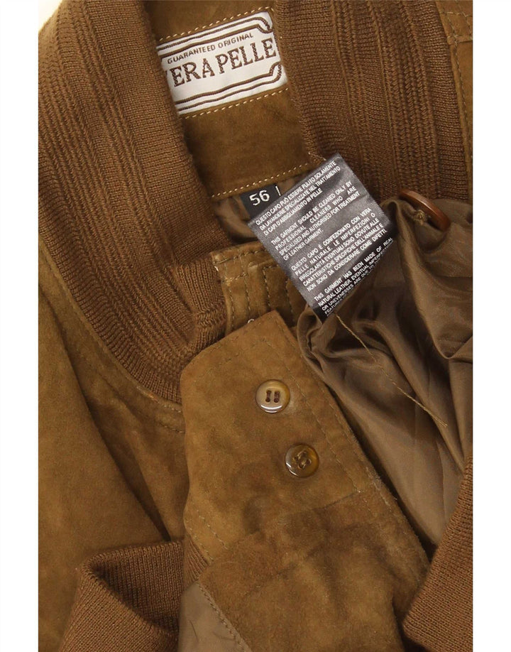 Jaqueta bomber masculina vintage de camurça Reino Unido 40 couro bege grande
