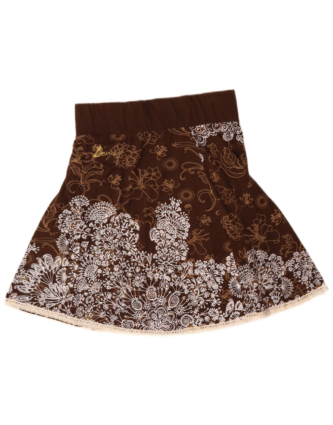 DESIGUAL Saia feminina cintura alta evasê grande W30 algodão floral marrom