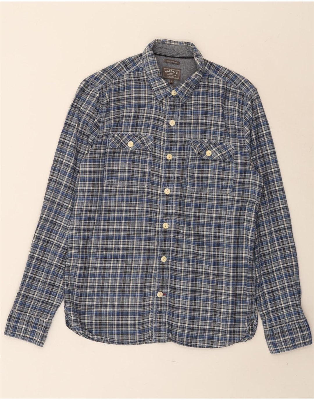 FAT FACE Camisa masculina clássica de flanela pequena de algodão xadrez azul