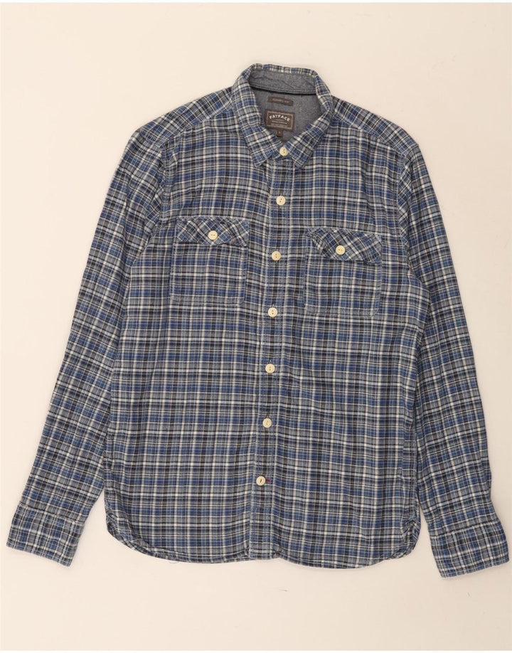FAT FACE Camisa masculina clássica de flanela pequena de algodão xadrez azul
