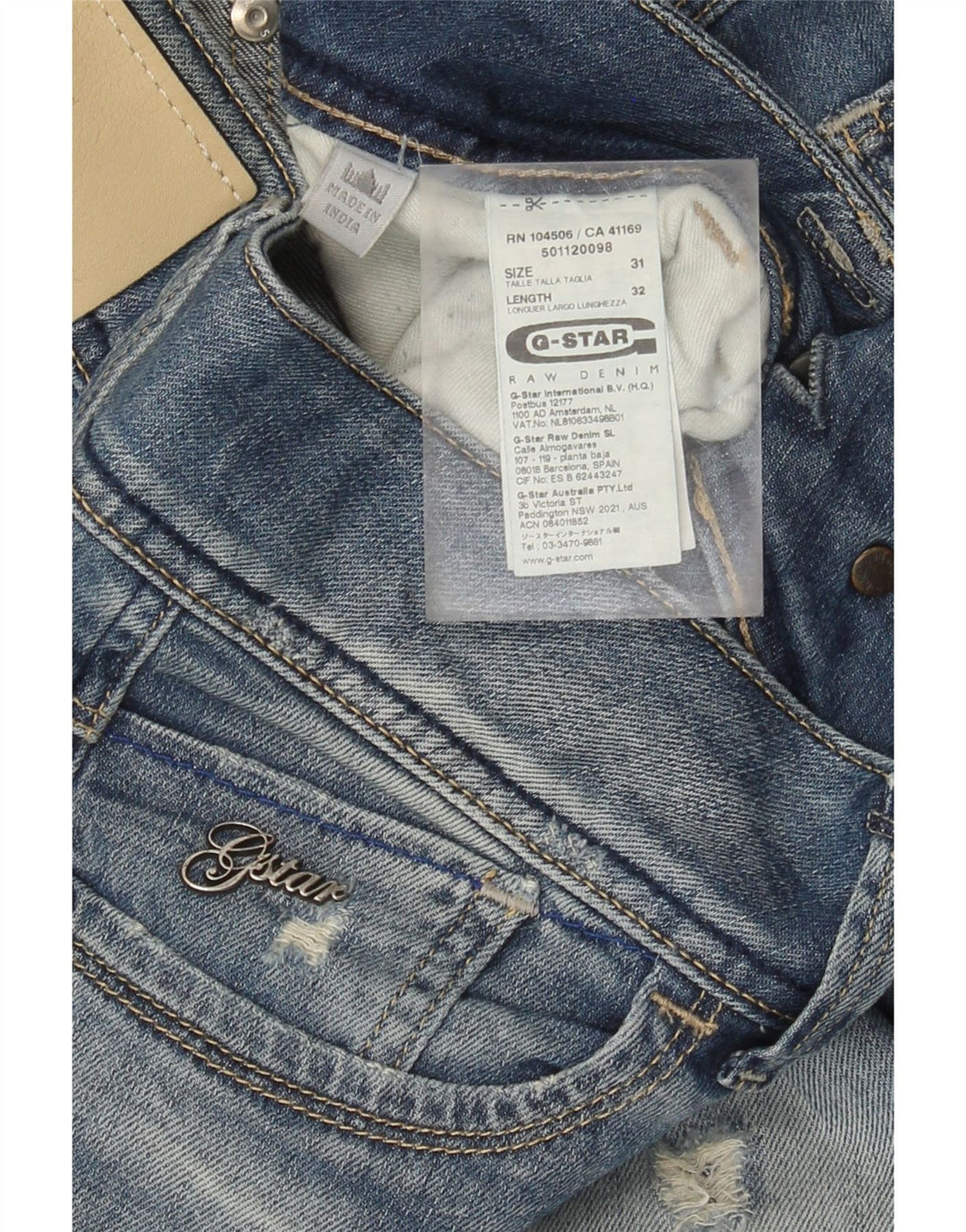 Calça jeans reta feminina G-Star desgastada W31 L32 algodão azul