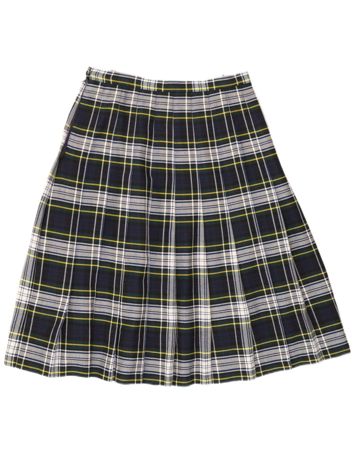 Saia plissada faca feminina vintage W28 poliéster xadrez azul marinho médio