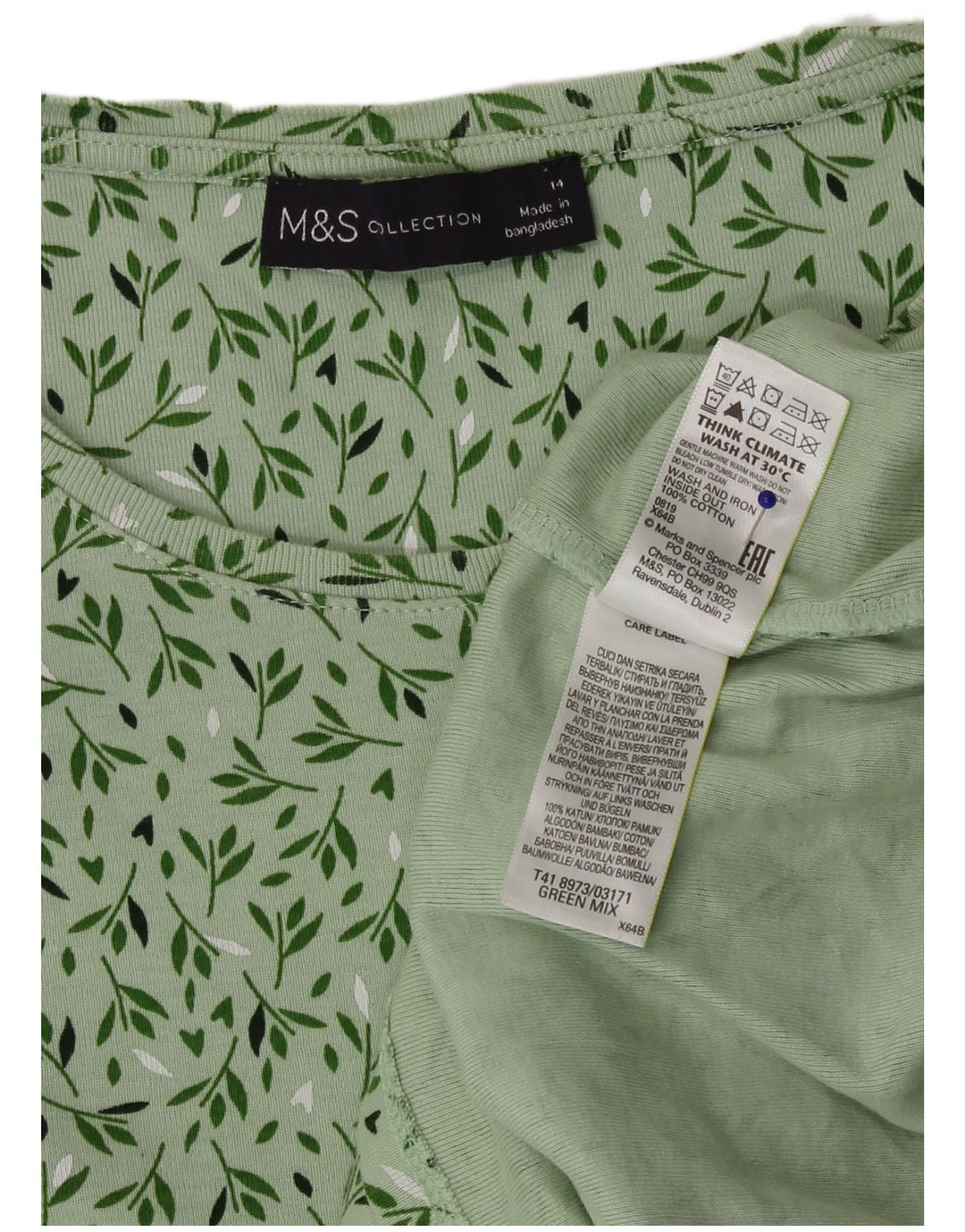 Top feminino Marks & Spencer manga comprida Reino Unido 14 algodão floral verde médio