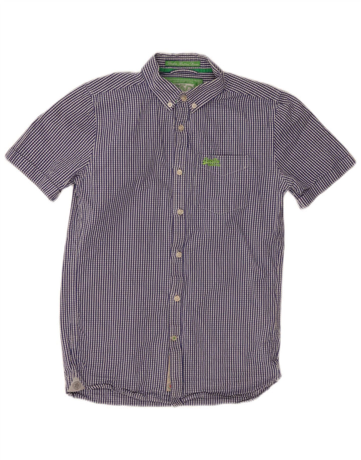 Camisa masculina SUPERDRY de manga curta pequena azul marinho algodão guingão