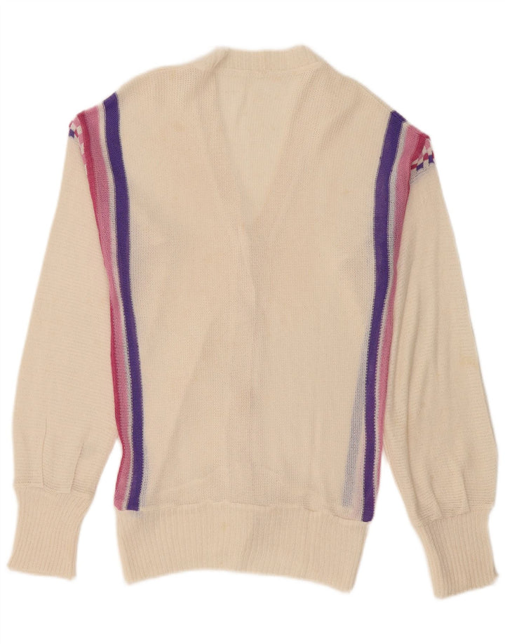 Suéter cardigã feminino vintage Reino Unido 12 listrado branco médio