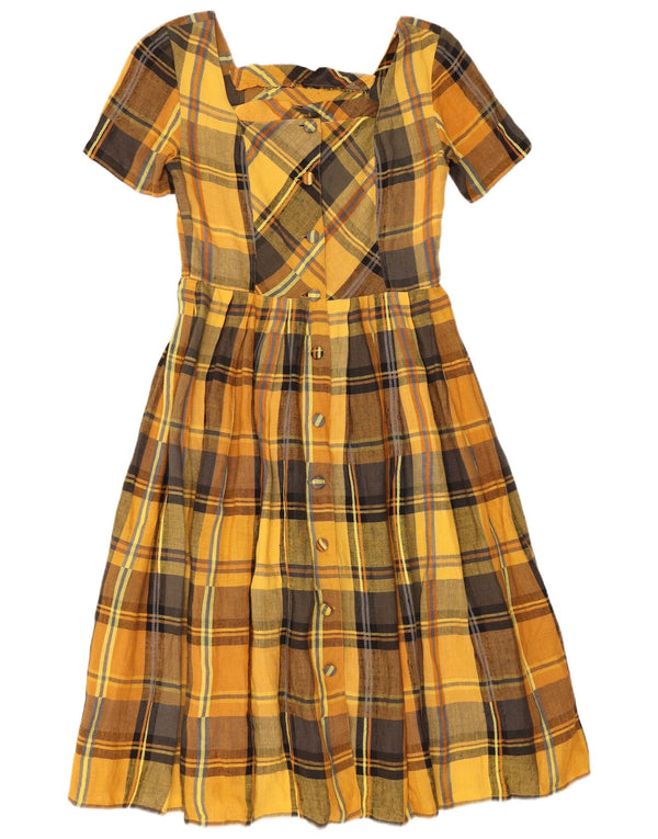 Vestido camisa vintage feminino de mangas curtas Reino Unido 12 xadrez amarelo médio