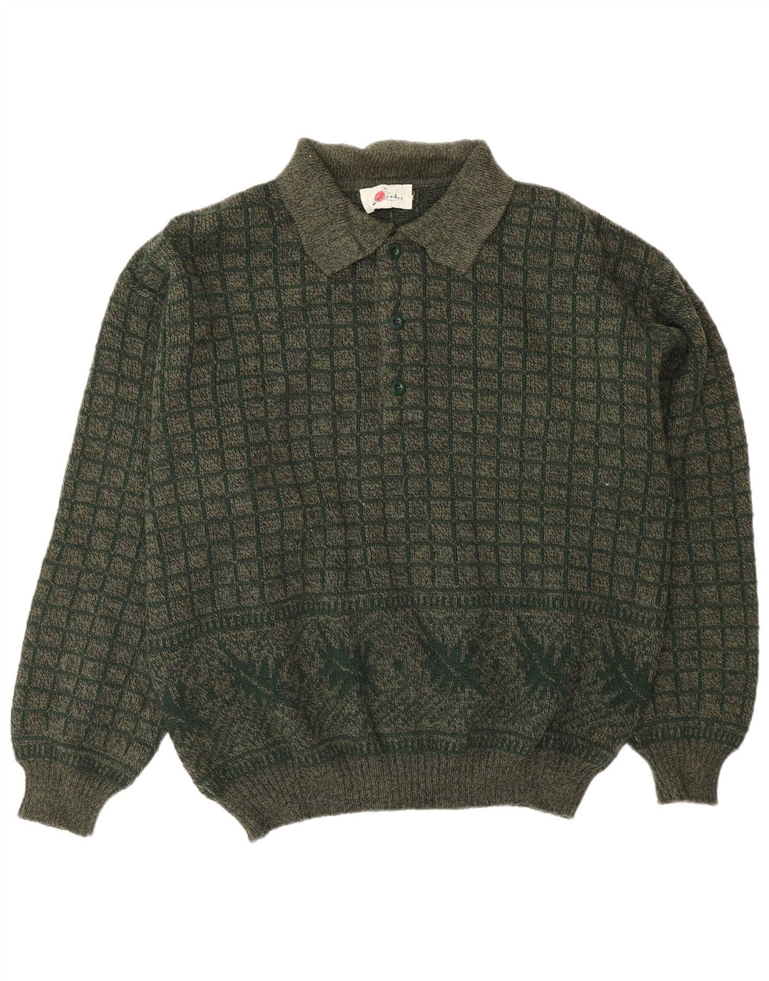 Suéter vintage masculino com gola polo, acrílico geométrico cáqui grande