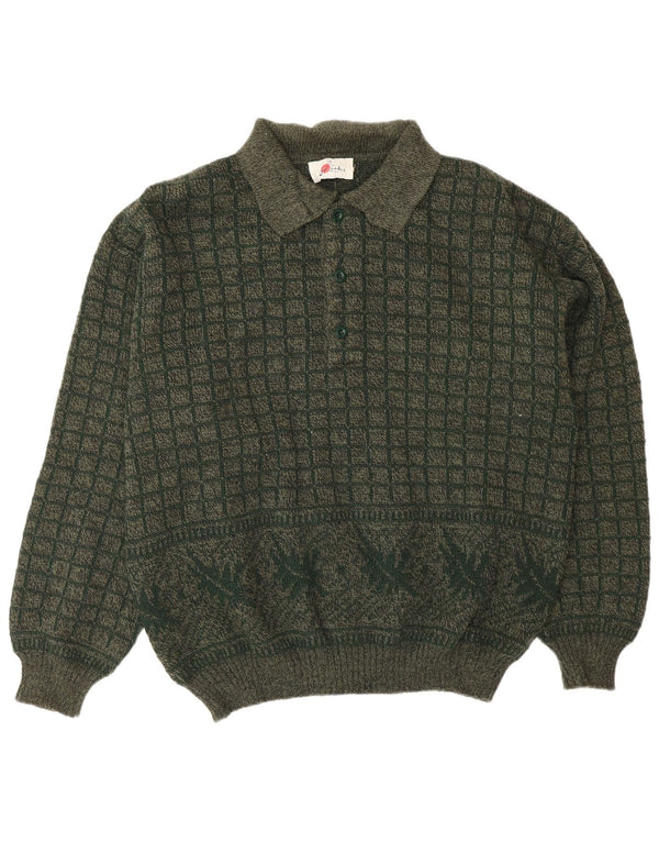 Suéter vintage masculino com gola polo, acrílico geométrico cáqui grande