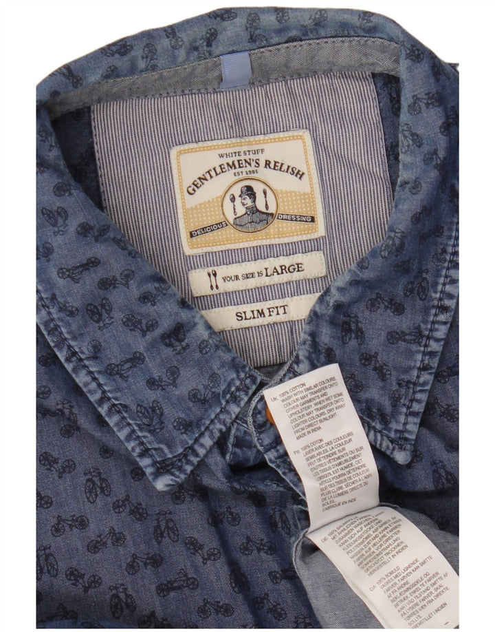 White Stuff Masculino Padrão Abstrato Camisa Slim Fit Grande Algodão Azul