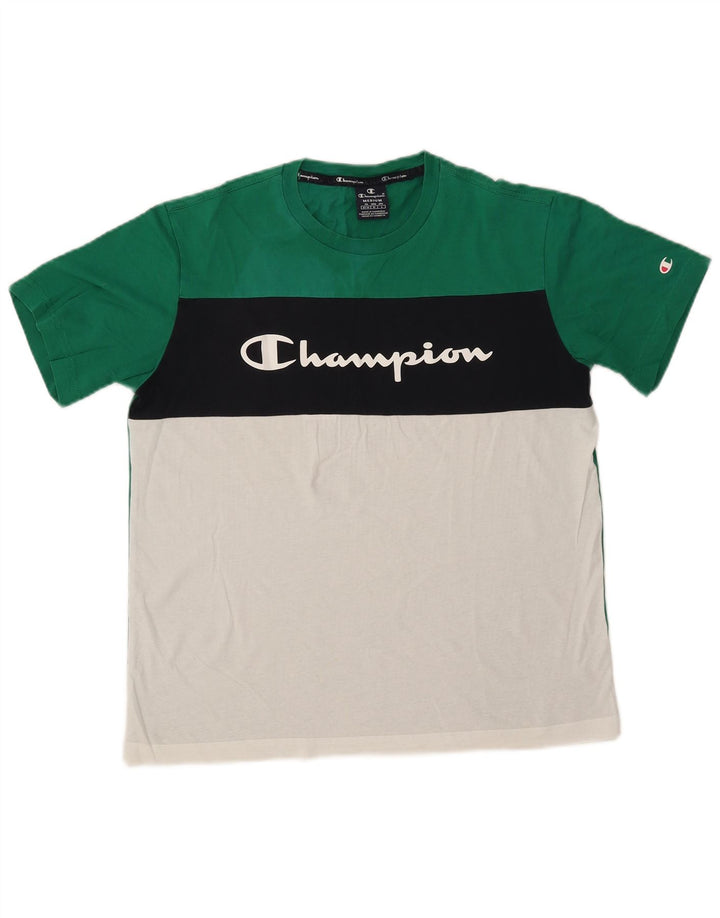 Camiseta gráfica masculina Champion Top médio branco colorblock