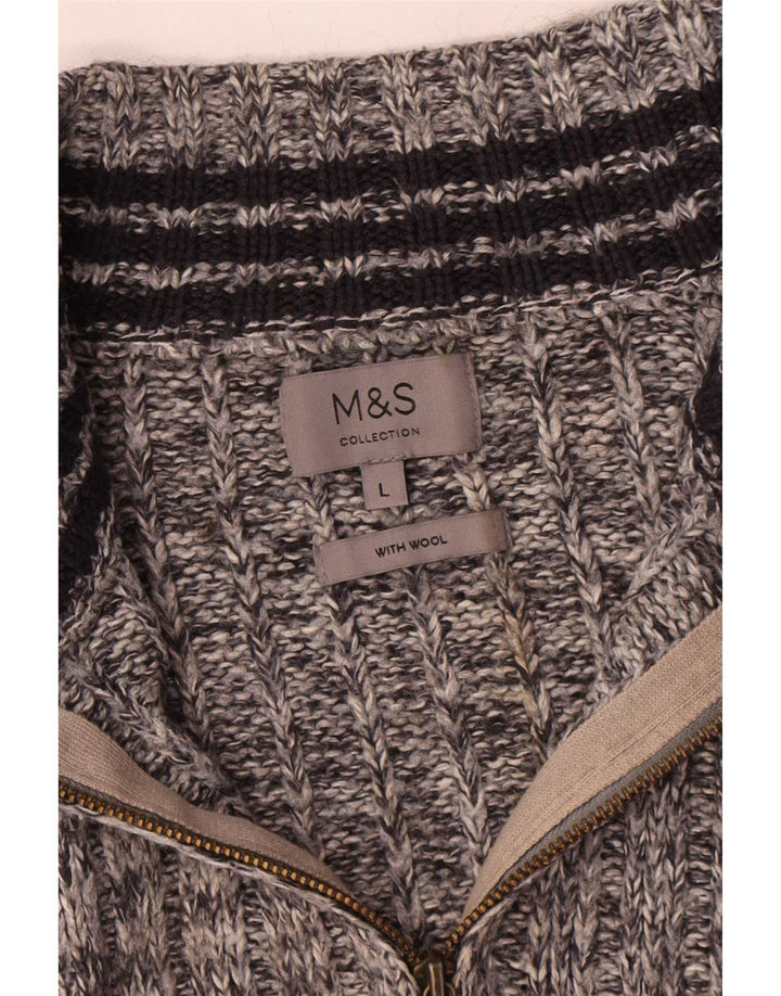 Suéter masculino Marks & Spencer com zíper e gola grande de lã manchada cinza